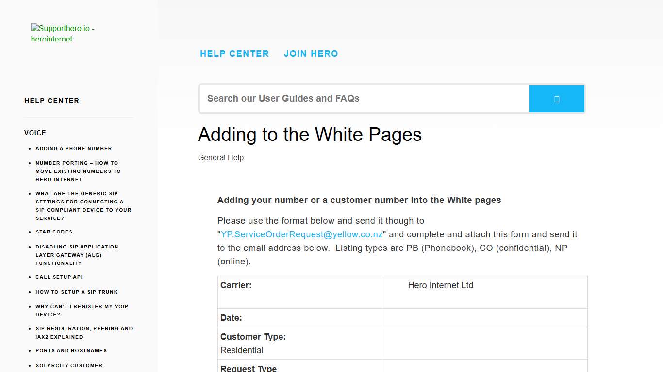 Hero Internet - Adding to the White Pages